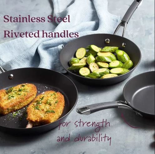 Anolon Endurance+ 3pc Set - !8cm Saucepan, 28cm Covered Sautese, 24cm Skillet