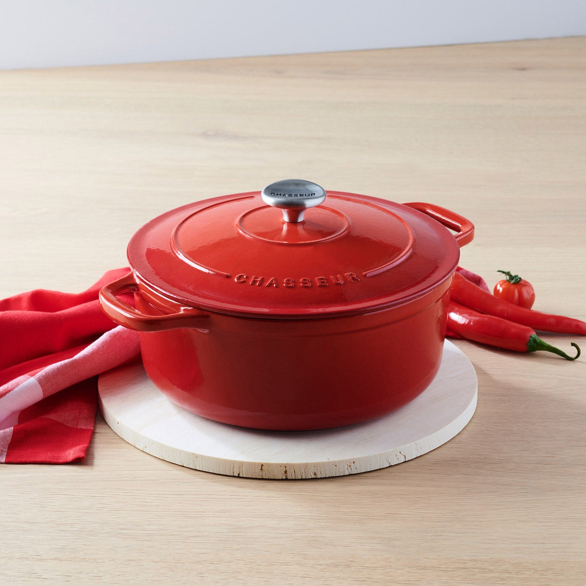 Chasseur Round French Oven 28cm/6.3ltr Inferno Red Oven to Tabletop The Cooks Kitchen 