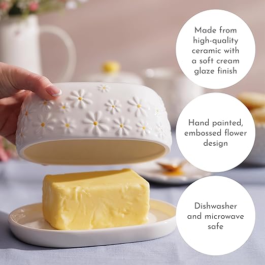 Price & Kensington Daisy Butter Dish Ceramic Hand Painted Flower Embossed White