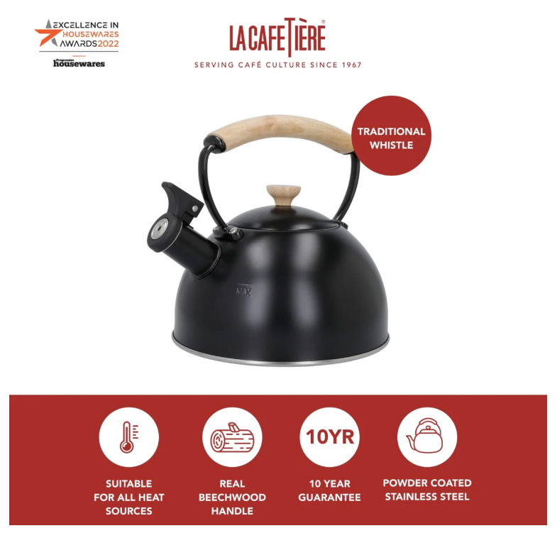La Cafetiere Stovetop Whistling Tea Kettle With Beechwood Handle 1.6l Black