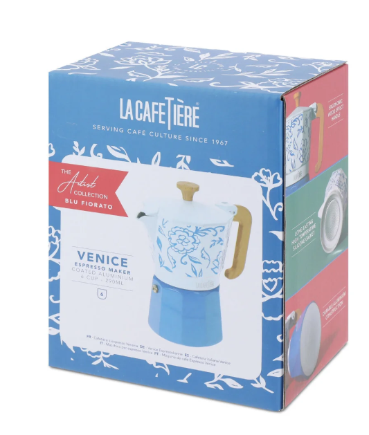 La Cafetière Venice Aluminium Espresso Maker 6 Cup / 290ml (blu Fiorato)