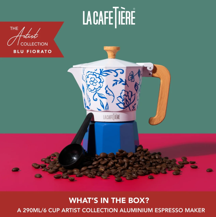 La Cafetière Venice Aluminium Espresso Maker 6 Cup / 290ml (blu Fiorato)