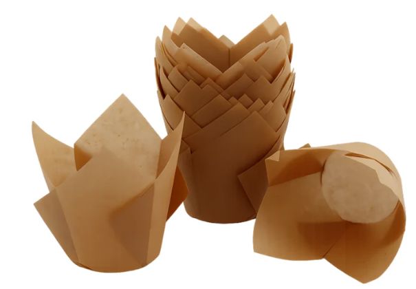 Iconic Cake Art 25pk Light Brown Greaseproof Tulip Baking Cups Boards & Boxes & Packaging The Cooks Kitchen 
