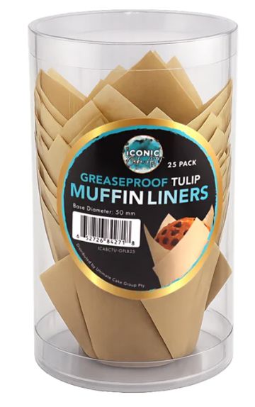 Iconic Cake Art 25pk Light Brown Greaseproof Tulip Baking Cups Boards & Boxes & Packaging The Cooks Kitchen 