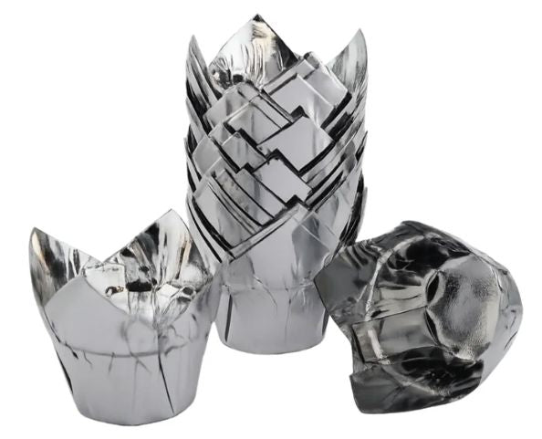Iconic Cake Art 25pk Silver Foil Tulip Baking Cups Boards & Boxes & Packaging The Cooks Kitchen 