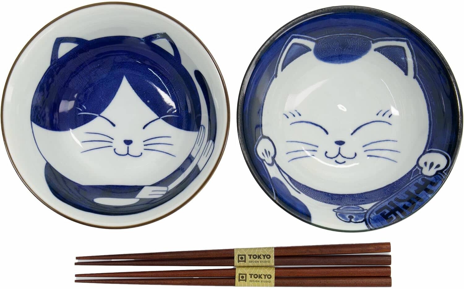 Tokyo Design Studio Kawaii Neko Bowl Set Of 2 With Chopsticks - Blue Cat Bowls The Cooks Kitchen 