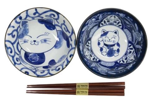 Tokyo Design Studio Neko Bowl 2pc Set With Chopsticks - Swirl Cat Bowls The Cooks Kitchen 