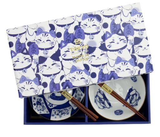 Tokyo Design Studio Kawaii Neko Bowl Set Of 3 With Chopsticks - White Cat Bowls The Cooks Kitchen 