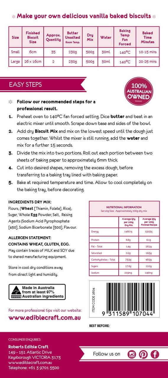 Roberts Edible Craft - Biscuit No Spread Vanilla Mix 1kg Cake Mixes The Cooks Kitchen Mandurah 