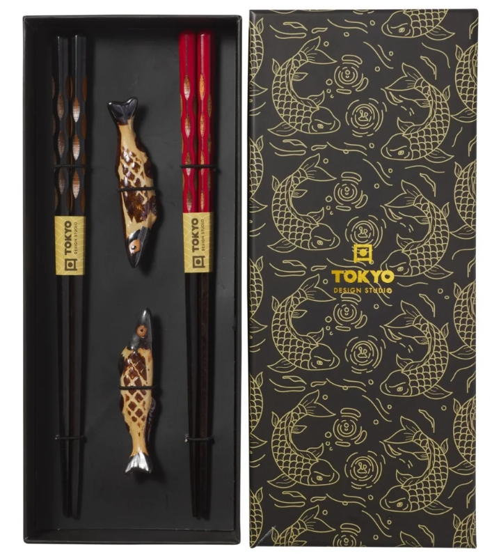 Tokyo Design Studio Sardine Chopsticks 4pc With Rest Gift Boxed