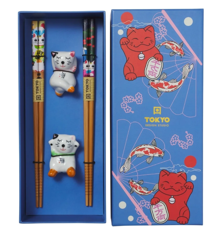 Tokyo Design Studio Lucky Cat Hanami Chopsticks 4pc With Rest Gift Boxed