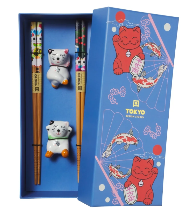 Tokyo Design Studio Lucky Cat Hanami Chopsticks 4pc With Rest Gift Boxed