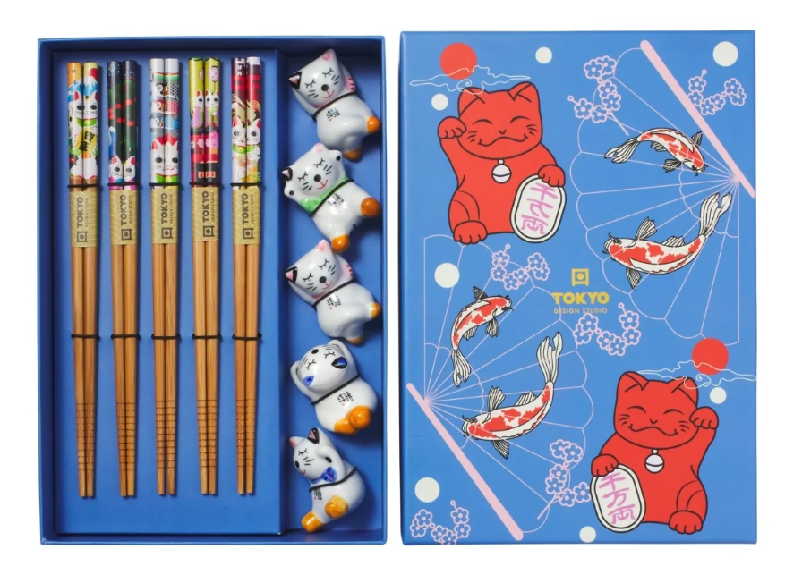 Tokyo Design Studio Lucky Cat Hanami Chopsticks 10pc With Rest Gift Boxed