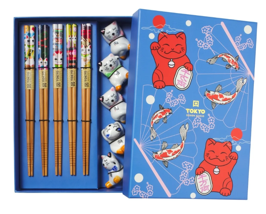 Tokyo Design Studio Lucky Cat Hanami Chopsticks 10pc With Rest Gift Boxed