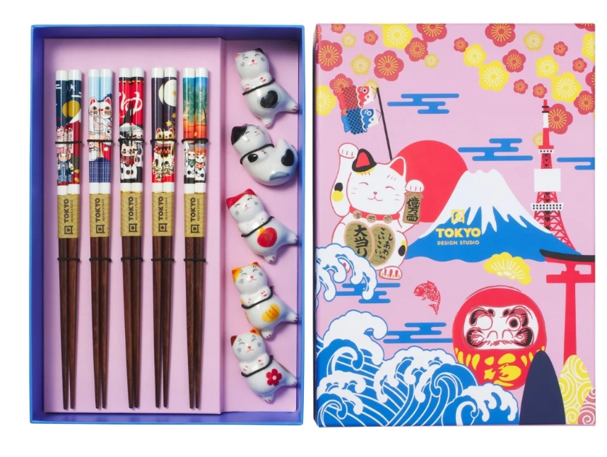 Tokyo Design Studio Neko Cat Chopsticks 10pc With Rest Gift Boxed