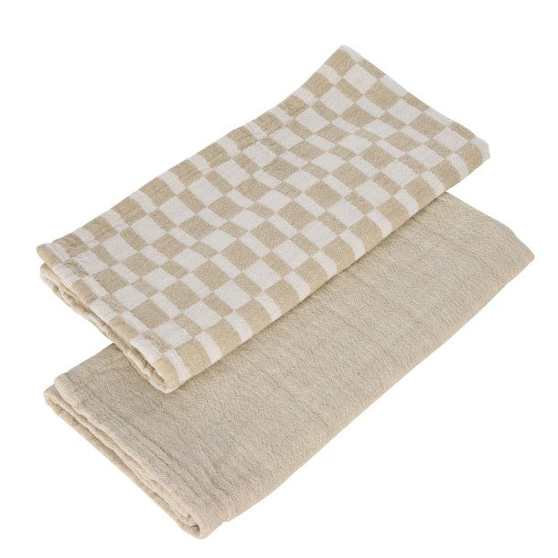 Davis & Waddell Heritage Check Cotton Tea Towels 2pc Set - Beige
