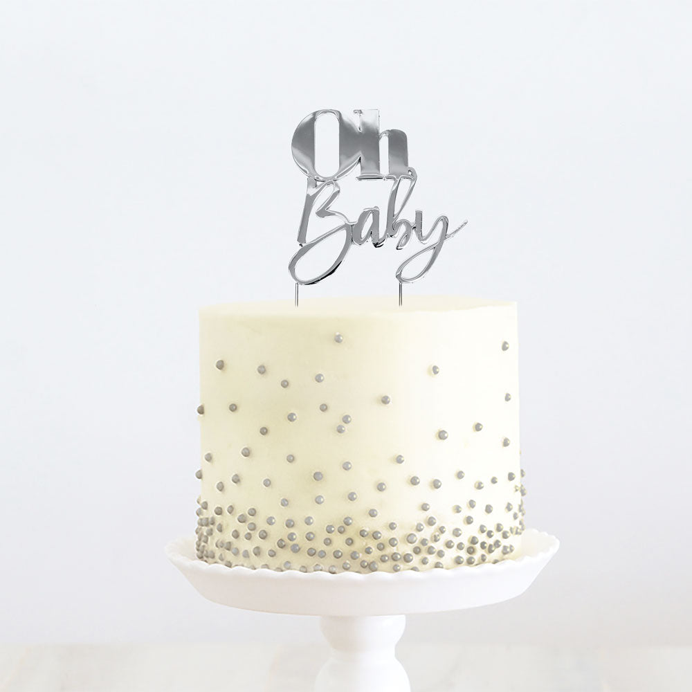 Cake & Candle - Silver Metal Cake Topper - Oh Baby