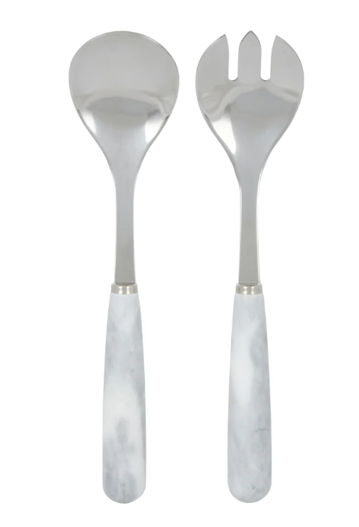 Davis & Waddell Nuvolo Marble Salad Servers 2pcs Set White Grey & Silver