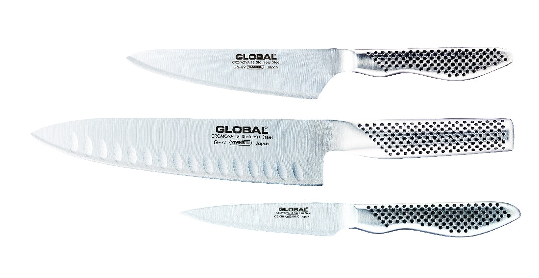 Global - Classic 3 Piece Knife Set W/ Fluted Cooks Knife